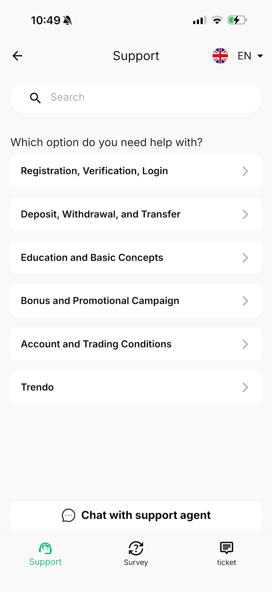 Trendo in-app support topics and live chat option